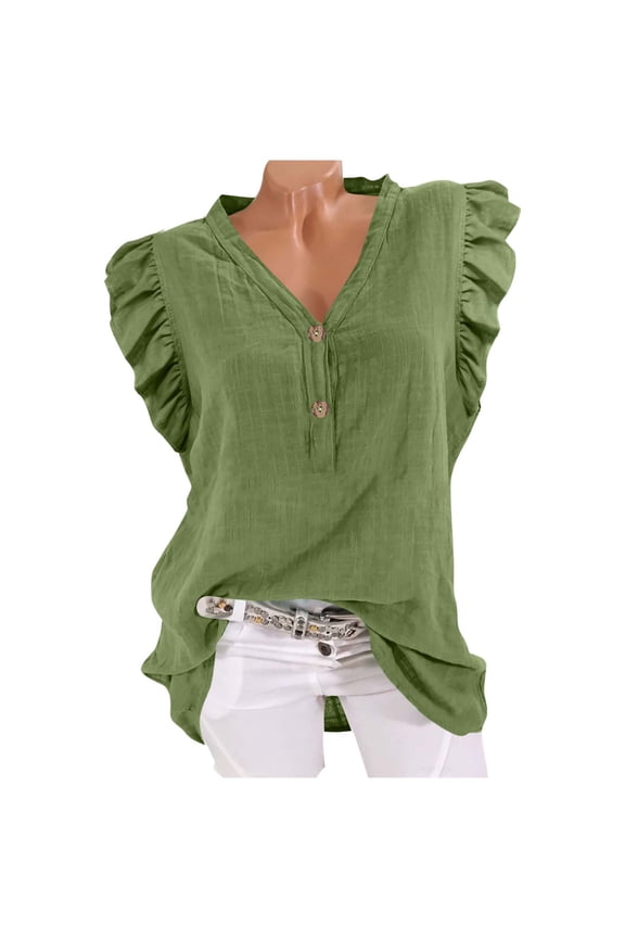 APEXFWDT Women's Flutter Sleeve Linen Tank - V-Neck Sleeveless Summer Blouse for Garden Party Outings,XXL,Green