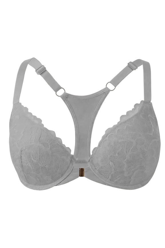 Women's Front Closure Bra Full Coverage Lace Racerback Bra Posture Underwire Unlined Bra