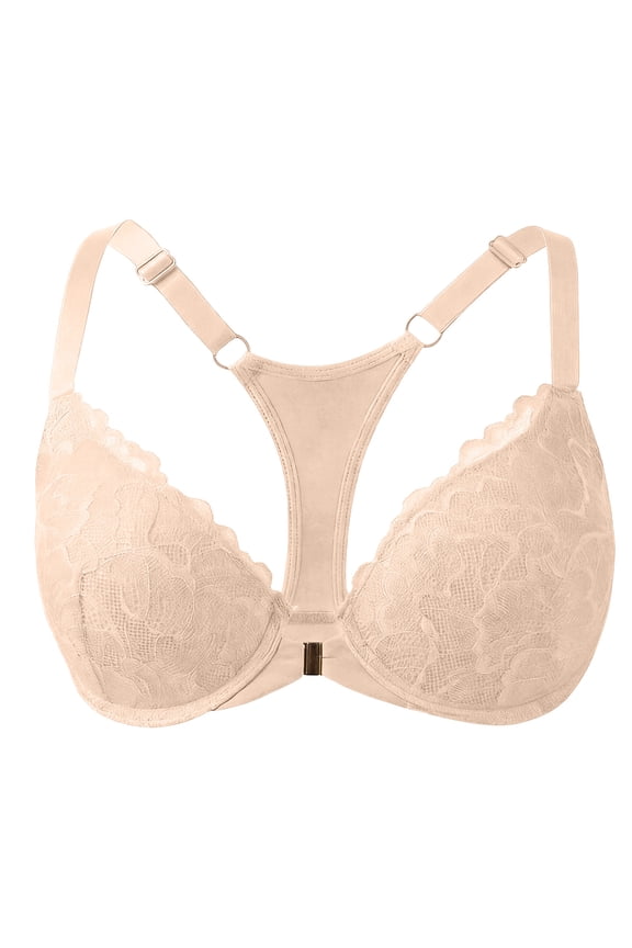 Women's Front Closure Bra Full Coverage Lace Racerback Bra Posture Underwire Unlined Bra