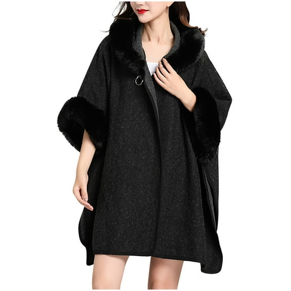 APEXFWDT Women's Furry Collar Hooded Cape Cardigan Oversized Batwing Sleeve Loose Mid-Length Open Front Coat Elegant Outerwear