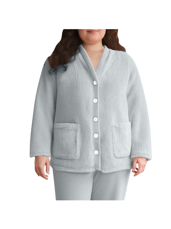 APEXFWDT Women's Fleece Bed Jacket Soft Fuzzy Button Front Lounge Jacket Long Sleeve V Neck Warm Loungewear with Pockets
