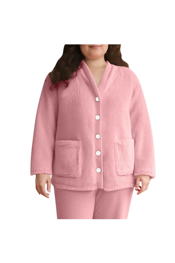 APEXFWDT Women's Fuzzy Button Front Bed Jacket Long Sleeve V Neck Soft Fleece Lounge Jacket with Pockets Sleepwear,M,Pink