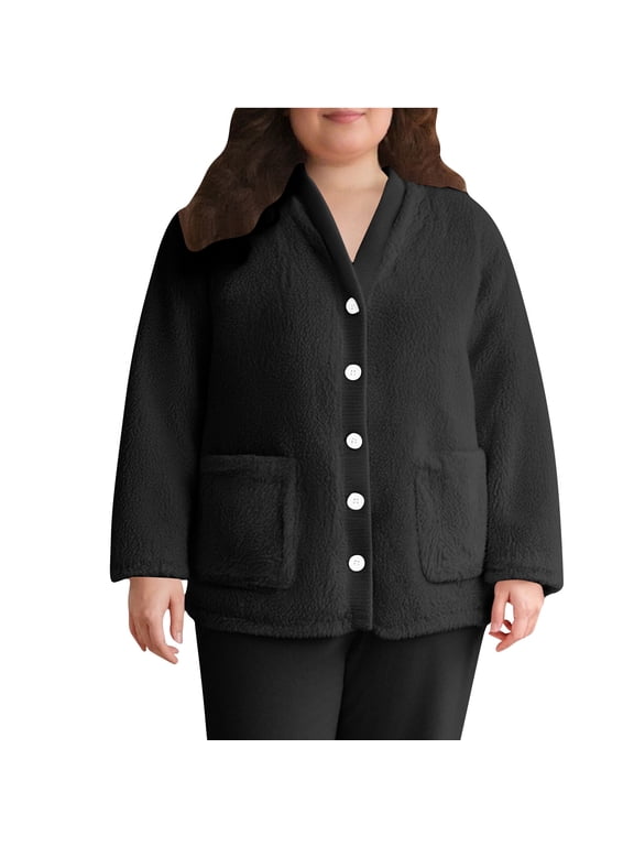 APEXFWDT Women's Fleece Bed Jacket Soft Fuzzy Button Front Lounge Jacket Long Sleeve V Neck Warm Loungewear with Pockets