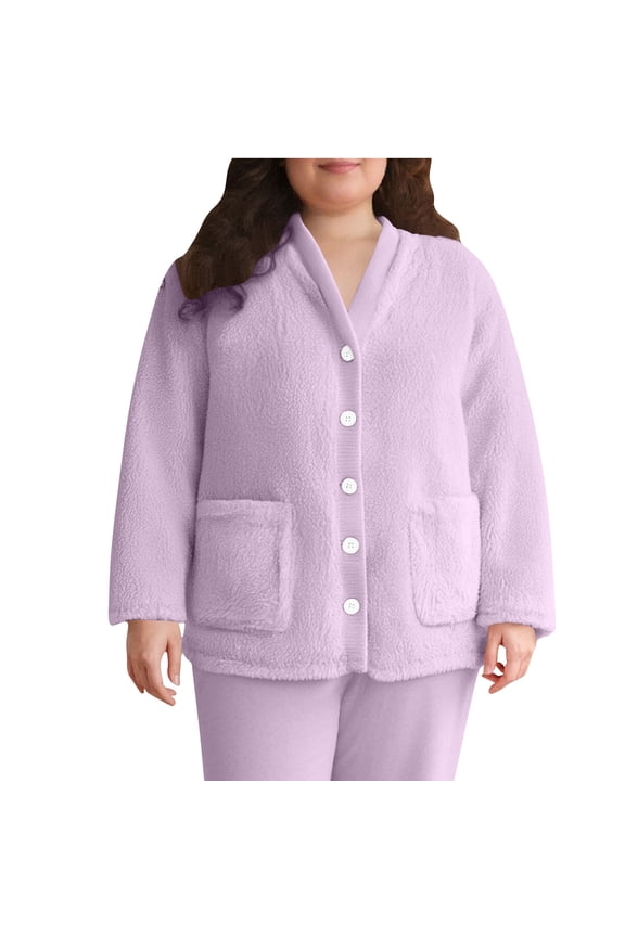 APEXFWDT Women's Fuzzy Button Front Bed Jacket Long Sleeve V Neck Soft Fleece Lounge Jacket with Pockets Sleepwear,XXL,Purple