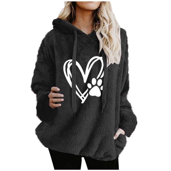 APEXFWDT Women's Fuzzy Hooded Sweatshirt Heart Print Drawstring Hoodie Long Sleeve Loose Pullover Top with Pockets,S,Black