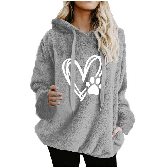 APEXFWDT Women's Fuzzy Hooded Sweatshirt Heart Print Drawstring Hoodie Long Sleeve Loose Pullover Top with Pockets,S,Gray