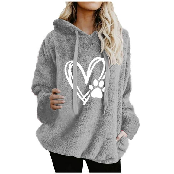 APEXFWDT Women's Fuzzy Hooded Sweatshirt Heart Print Drawstring Hoodie Long Sleeve Loose Pullover Top with Pockets,S,Gray