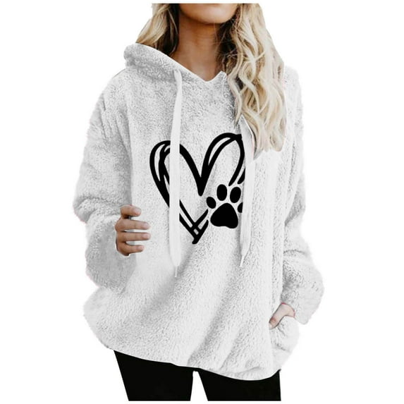 APEXFWDT Women's Fuzzy Hooded Sweatshirt Heart Print Drawstring Hoodie Long Sleeve Loose Pullover Top with Pockets,XL,White