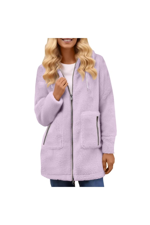 Women's Fuzzy Mid-Length Coat Two-Way Zip Long-Sleeve Hooded Jacket Warm Winter Outerwear with Zip Pockets,M,Purple