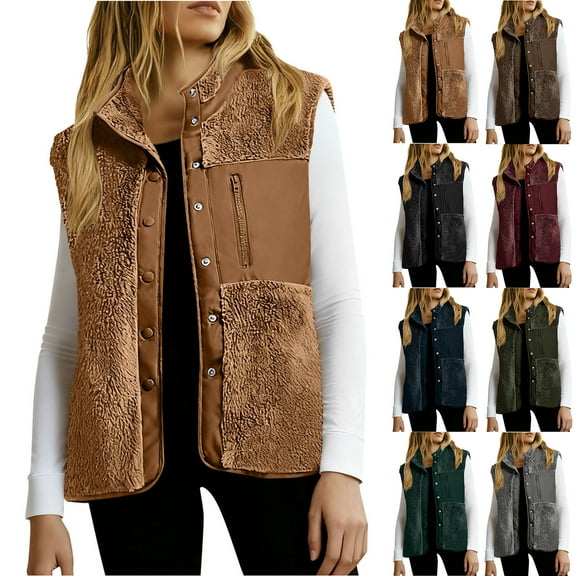 APEXFWDT Women's Fuzzy Vest Fleece Button-Down Stand-Collar Sleeveless Warm Jacket Fashion Patchwork Vest with Pockets for Winter Neighborhood Errands
