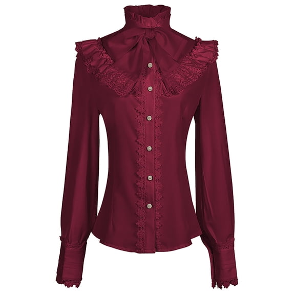 APEXFWDT Women’s Gothic Shirt Vintage Ruffled Collar Medieval Blouse Button Down Long Sleeve Shirt for Costume & Retro Outfits,XL,Red