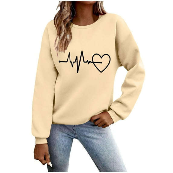 APEXFWDT Women's Graphic Crewneck Sweatshirt Love Heart Print Long Sleeve Casual Pullover Shirt Basic Casual Wear,L,Beige