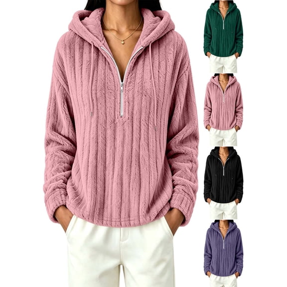 APEXFWDT Women's Half Zip Fuzzy Fleece Hoodie Drawstring Long Sleeve Hooded Jacket Plush Warm Coat for Cold Weather