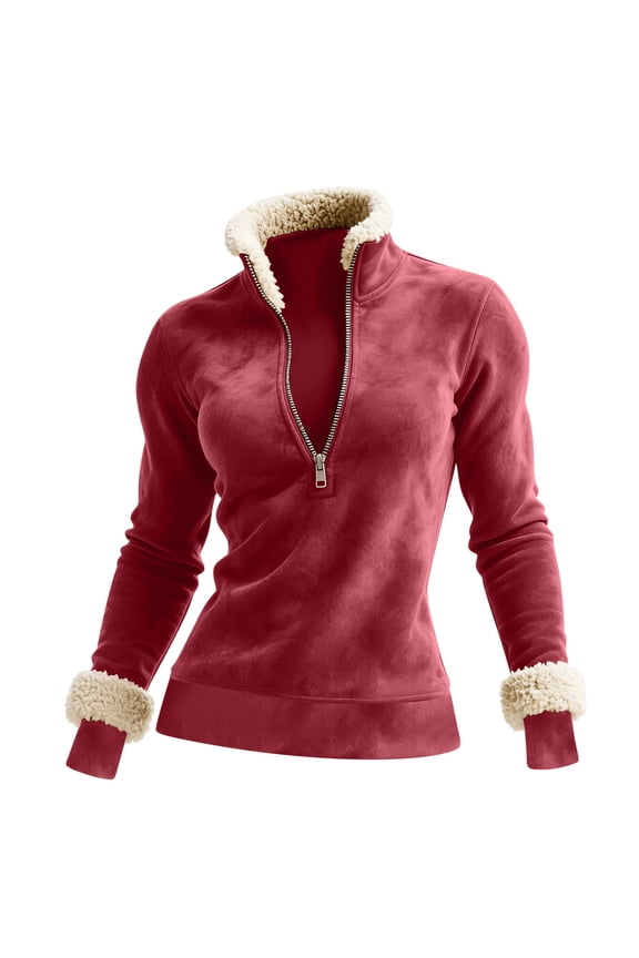 Women's Half-Zip Suede Pullover Shearling Stand-Collar Sweatshirt Long Sleeve Warm Top for Winter Shopping Trips