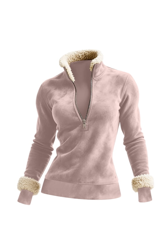 Women's Half-Zip Suede Pullover Shearling Stand-Collar Sweatshirt Long Sleeve Warm Top for Winter Shopping Trips