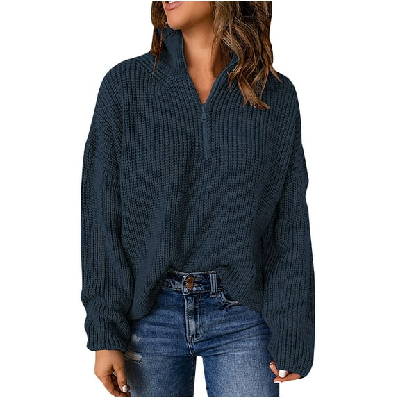 APEXFWDT Women's Half Zipper Sweaters Tops Long Sleeve Solid Color Knit Jumper Tops Casual Fall Oversized 2023 Pullovers Tops
