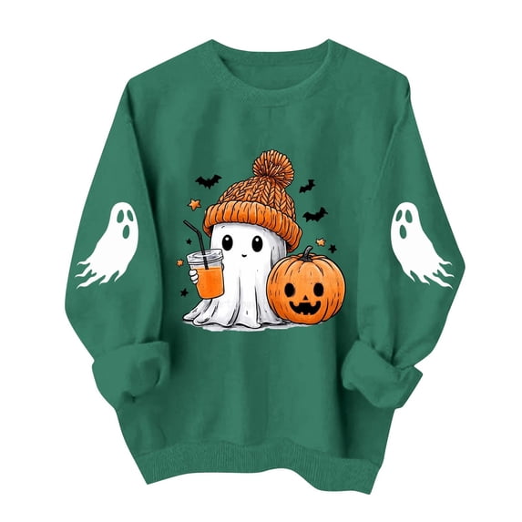 APEXFWDT Women's Halloween Crew Neck Sweatshirt, Cute Ghost Pumpkin Bat Graphic Long Sleeve Casual Pullover Tops