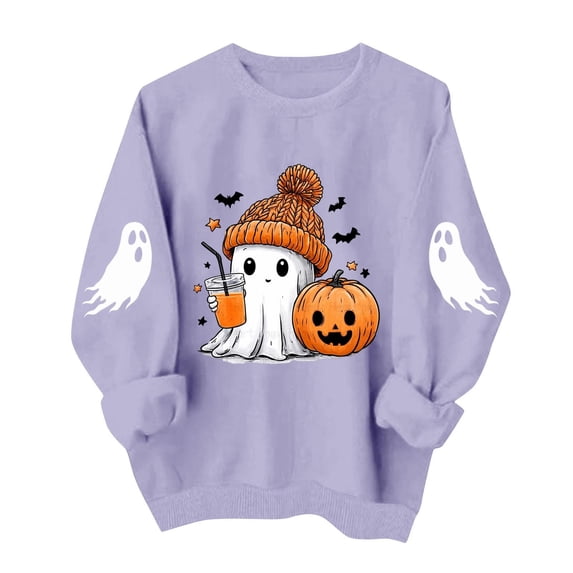 APEXFWDT Women's Halloween Ghost Pumpkin Sweatshirt, Crew Neck Long Sleeve Graphic Casual Pullover