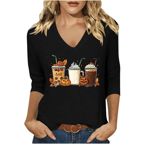 APEXFWDT Women's Halloween Witch Print Tee, V Neck 3/4 Sleeve Full Moon Bat Casual T-Shirt