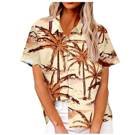 APEXFWDT Women's Hawaiian Button Down Shirts Casual Short Sleeve Floral Tropic Print Shirt Summer Beach Blouse Tunic Top