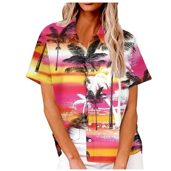 APEXFWDT Women's Hawaiian Button Down Shirts Casual Short Sleeve Floral Tropic Print Shirt Summer Beach Blouse Tunic Top