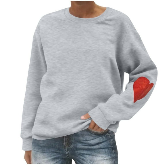 APEXFWDT Women's Heart Print Crew Neck Sweatshirt Fleece-Lined Long Sleeve Pullover Cute Casual Sweatshirt,XXL,Gray