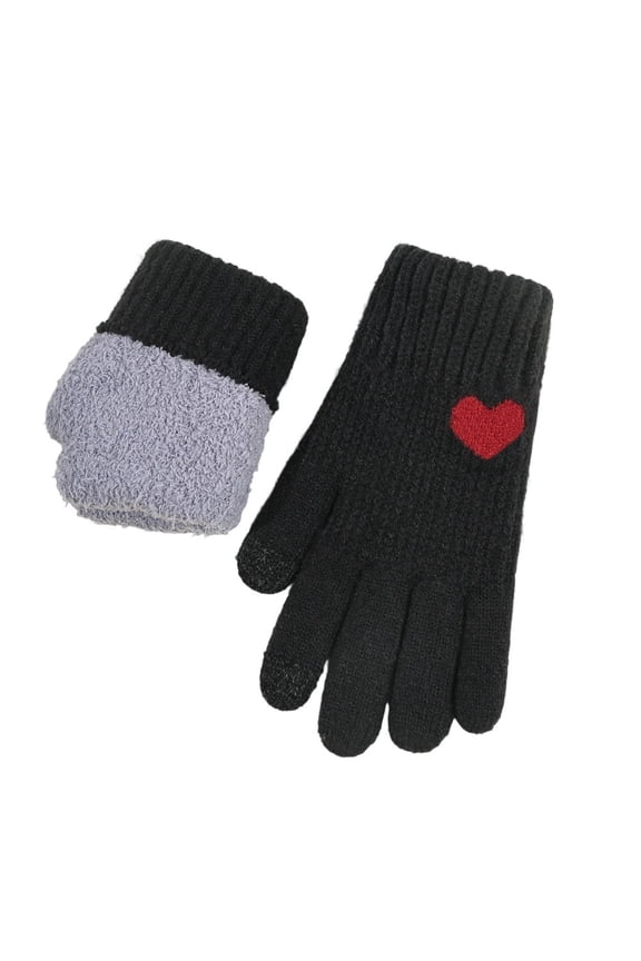 APEXFWDT Women's Heart Print Touchscreen Gloves Winter Fleece-Lined Knit Gloves, Cute Warm Handwear