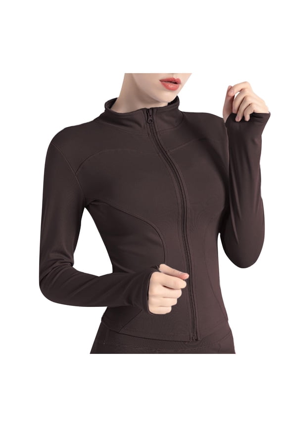 APEXFWDT Women's High Neck Zip-Up Yoga Jacket Compression Fit Long Sleeve Cover with Thumbholes for Training,S,Coffee