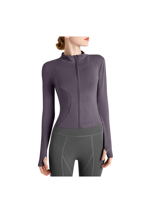 Women's High Neck Zip-Up Yoga Jacket Compression Fit Long Sleeve Cover with Thumbholes for Training,S,Purple