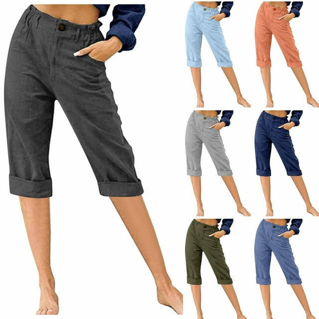 APEXFWDT Women's High Waist Pants Casual Cotton Linen Capri Pants with