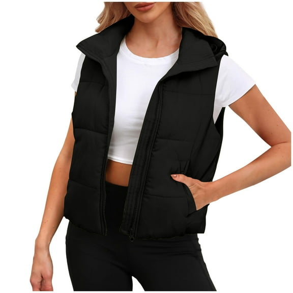 APEXFWDT Women's Hooded Puffer Vest Sleeveless Zip-Front Short Jacket with Removable Hood for Lightweight Layering,M,Black