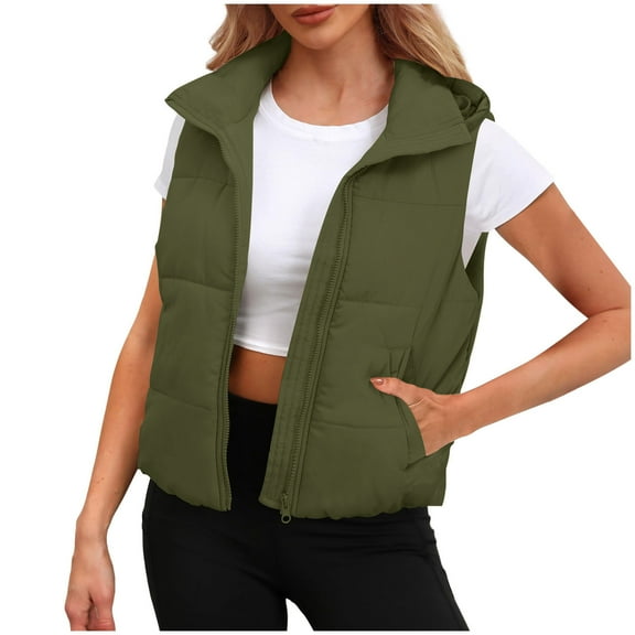 APEXFWDT Women's Hooded Puffer Vest Sleeveless Zip-Front Short Jacket with Removable Hood for Lightweight Layering,S,Army Green