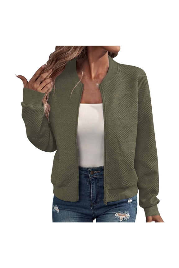 Women's Jacquard Baseball Jacket Long Sleeve Zip-Up Varsity Style Outerwear with Contrast Trim,M,Army Green