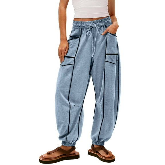 APEXFWDT Women's Jogger Pants Cinch Bottom Athletic Sweatpants Color Block Stripes Baggy Lounge Pants with Multi-Pockets,L,Light Blue