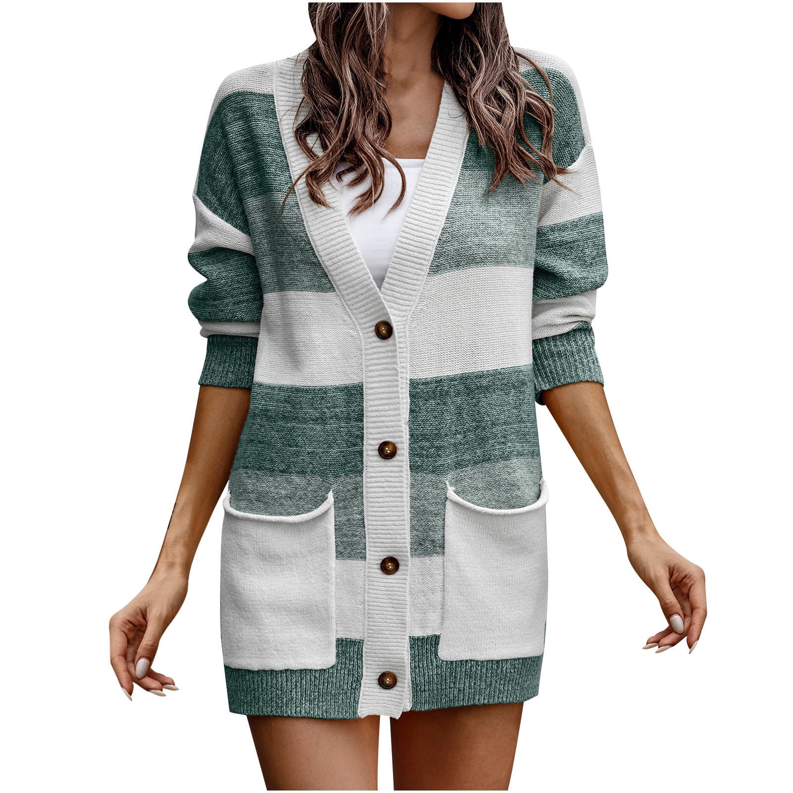 APEXFWDT Women's Knit Long Cardigan 2023 Fall Winter Long Sleeve Color Contrast Open Front