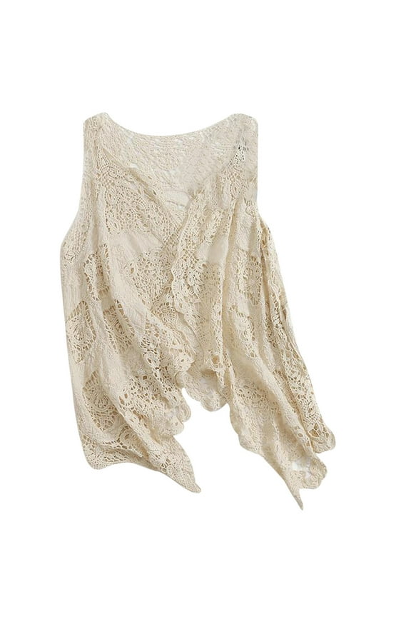 APEXFWDT Women's Lace Crochet Bohemian Vest Hippie Butterfly Sleeveless Open Front Casual Floral Lace Boho Vest Cardigan