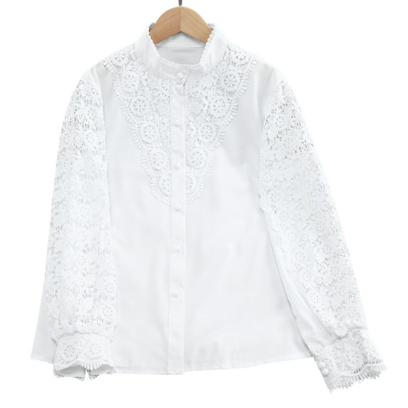 APEXFWDT Women’s Lace Long-Sleeve Shirt Stand-Up Collar Button-Up Formal Top for Office & Occasional Wear,XL,White