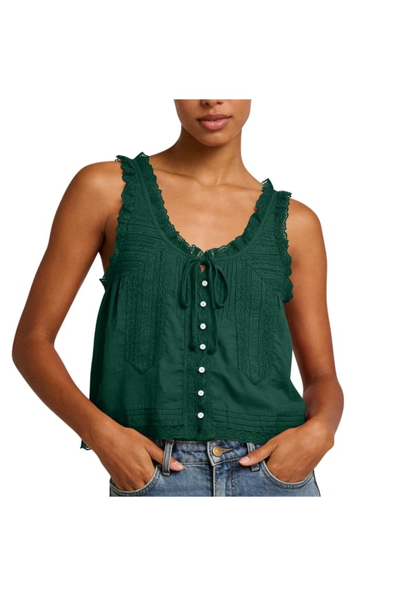 Women's Lace Ruffle Tank Top Scoop Neck Button Up Cropped Tanks Bow Tie Sleeveless Y2K Summer Top,L,Green