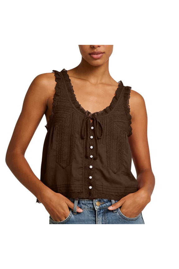 Women's Lace Ruffle Tank Top Scoop Neck Button Up Cropped Tanks Bow Tie Sleeveless Y2K Summer Top,M,Brown