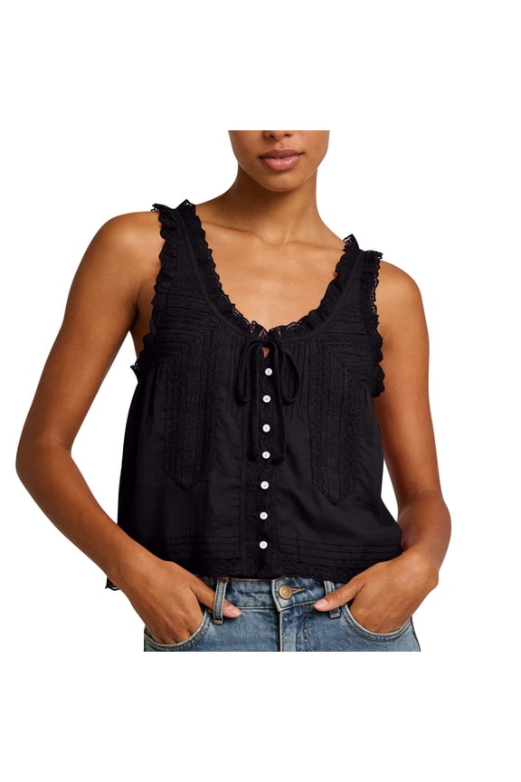 Women's Lace Ruffle Tank Top Scoop Neck Button Up Cropped Tanks Bow Tie Sleeveless Y2K Summer Top,S,Black