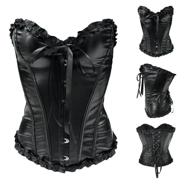 APEXFWDT Women's Lace Trim Faux Leather Corset Tops Sleeveless Push-Up Bustier Bandeau Concert Performance Top,XL,Black