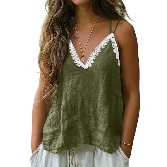 APEXFWDT Women's Lace Trim Linen Cami Tank Top V Neck Spaghetti Strap Sleeveless Loose Fit Casual Top,S,Army Green
