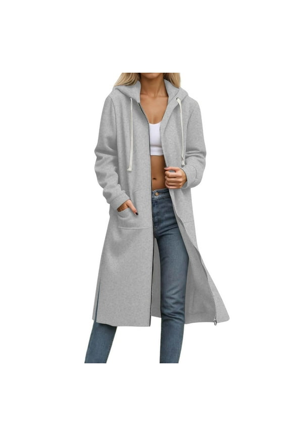 APEXFWDT Women's Light Fleece Longline Hoodie Jacket Long Sleeve Zip-Up Sweatshirt with Split Hem & Pockets,XXL,Gray