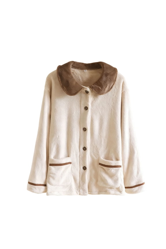 Women's Light-Fleece Pajama Jacket Color-Block Button Down Bed Jacket Collared Long-Sleeve Warm Sleepwear with Pockets for Lazy Weekends