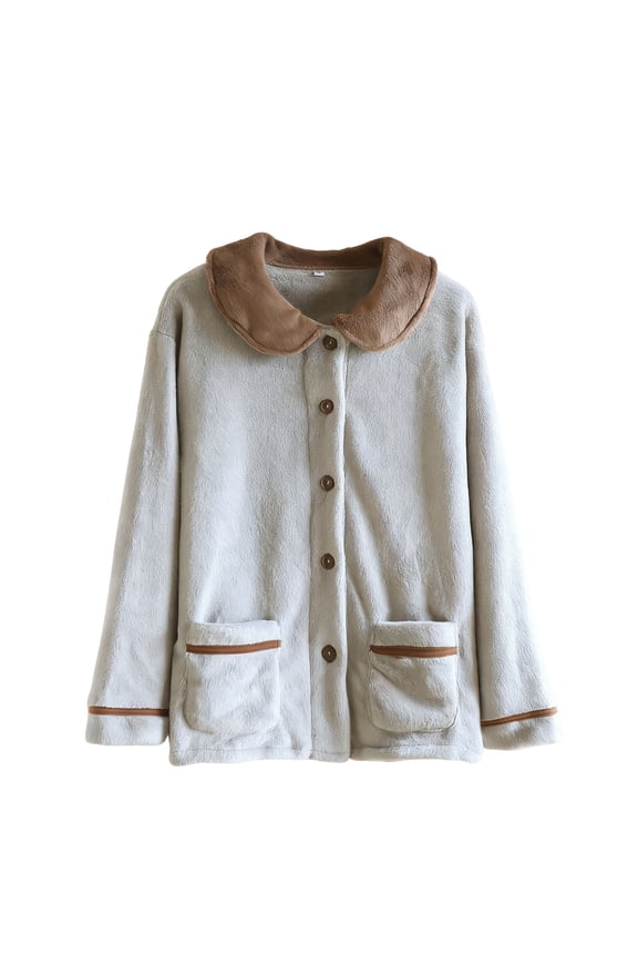 Women's Light-Fleece Pajama Jacket Color-Block Button Down Bed Jacket Collared Long-Sleeve Warm Sleepwear with Pockets for Lazy Weekends