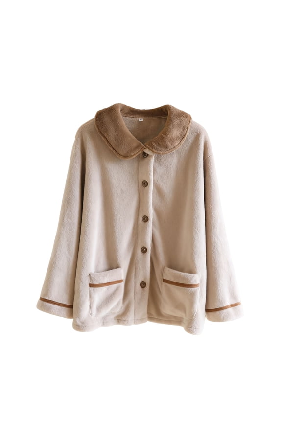 Women's Light-Fleece Pajama Jacket Color-Block Button Down Bed Jacket Collared Long-Sleeve Warm Sleepwear with Pockets for Lazy Weekends