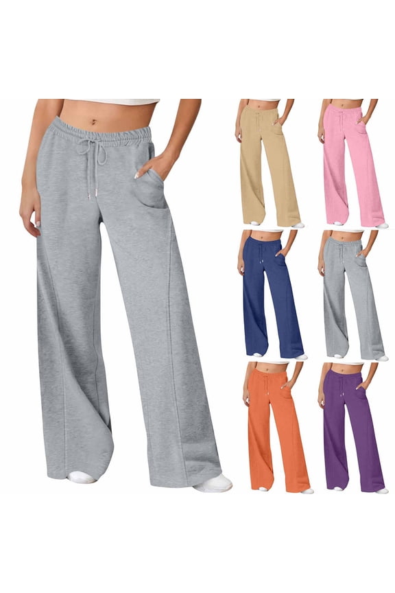 Women's Light Fleece Wide-Leg Sweatpants Workout Active Drawstring Jogger Pants with Pockets Solid Athletic Trousers,M,Gray