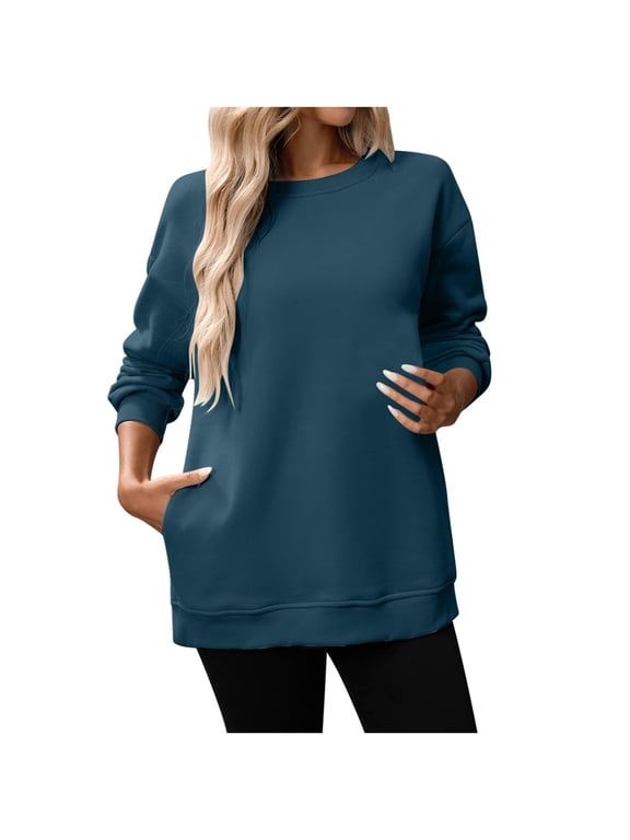 APEXFWDT Women's Lightweight Fleece Crewneck Sweatshirt with Hidden Pocket Base Layer Everyday Pullover for Work Errands,L,Navy