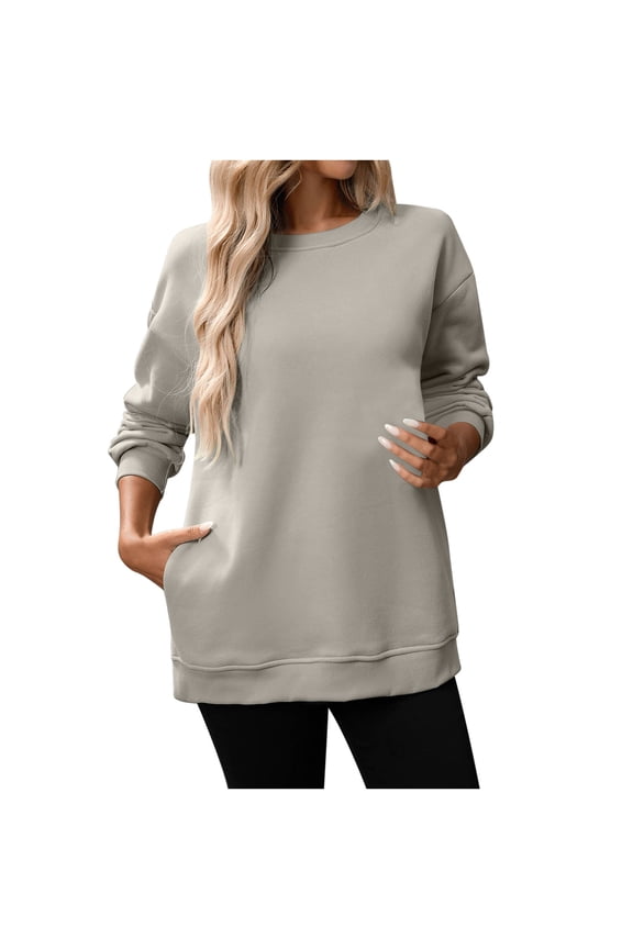 Women's Lightweight Fleece Crewneck Sweatshirt with Hidden Pocket Base Layer Everyday Pullover for Work Errands,M,Beige