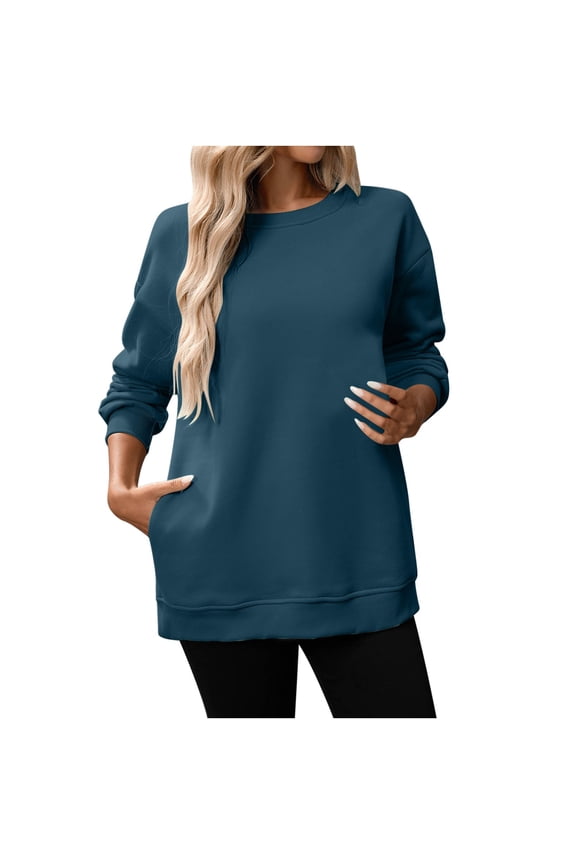 APEXFWDT Women's Lightweight Fleece Crewneck Sweatshirt with Hidden Pocket Base Layer Everyday Pullover for Work Errands,M,Navy